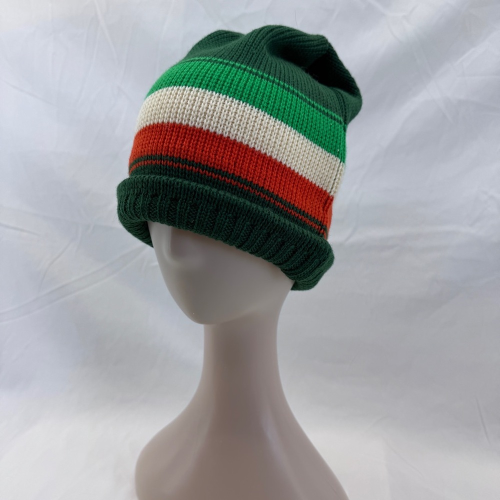 Smiley Vintage Wool Knit Beanie Ski Hat Green Orange Irish Sparks Nevada USA